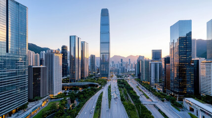 Fototapeta premium Modern city skyline urban landscape skyscrapers clear sky sunset view