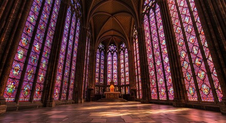 Interior view of a cathedral with stained glass windows