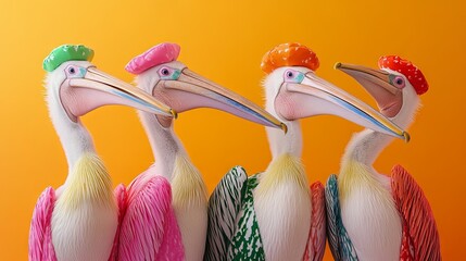 A whimsical animal scene showcasing a group of pelicans in bright, quirky outfits set against a lively background, ideal for use in an advertisement, banner, or birthday party invitation