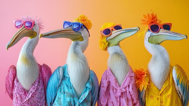 A whimsical animal scene showcasing a group of pelicans in bright, quirky outfits set against a lively background, ideal for use in an advertisement, banner, or birthday party invitation