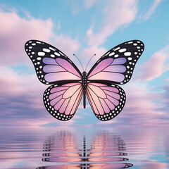 Fototapeta premium Butterfly Over a Reflective Floral Pond Surface 