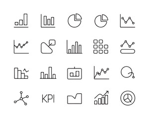 Collection of thin line icons representing various business charts and graphs data analytics