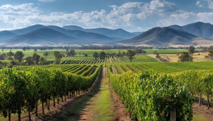 Naklejka premium A panoramic view of the grape fields in a grid-like arrangement, with rows and lines extending into hillsides and distant mountains.