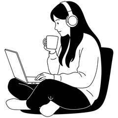 Young woman with headphones enjoys coffee while working on her laptop in a relaxed setting