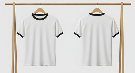 White ringer t-shirt mockup displayed on a wooden hanger, showcasing front and back views.