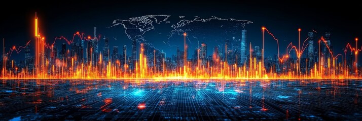 Dynamic Stock Market Visualization with Candlestick Charts and a Stylish Blue and Orange Cityline