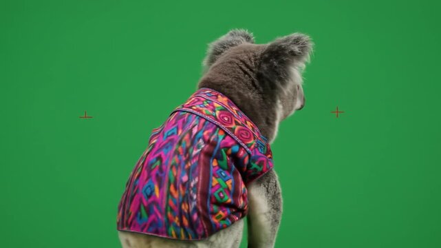 Koala Bear Wearing Colorful Patterned Shirt Sitting Against Green Screen