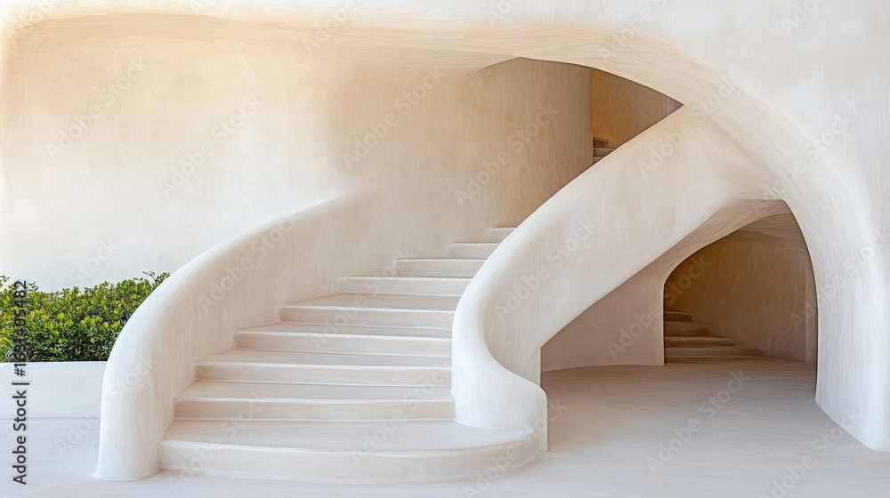 Poster curved staircase design with smooth white walls and modern architecture creates serene atmosphere