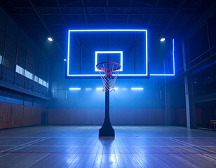 Basketball hoop in a dimly lit indoor court, illuminated by blue neon lights