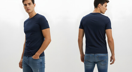 A man in a navy blue t-shirt and jeans posing, front and back views.