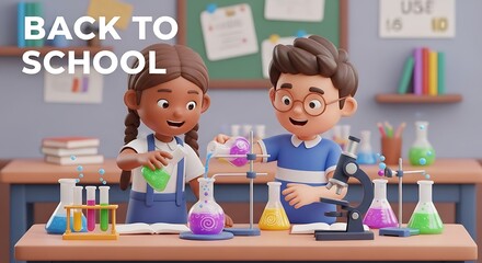 Students in a classroom doing science experiments with beakers and a microscope on the table top