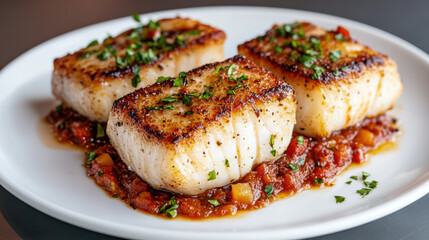 Seared fish fillets served on plate with flavorful sauce and garnished with herbs