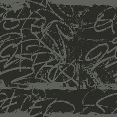 Monochrome black and white background with letter and tags. Graffiti seamless handwriting pattern. Grunge style textile print for wrapping paper, cover and poster. Vector