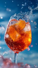 Refreshing orange aperol cocktail. The glass is frosty and refreshing. Blue sky background