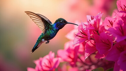 Obraz premium Hummingbird Feeding on Vibrant Pink Flowers Against a Soft Colorful Background