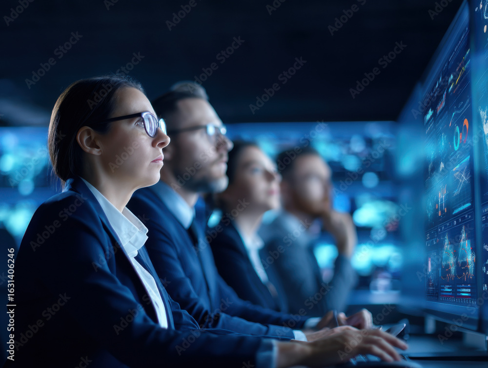 Poster a focused group of professionals analyzes data on large screens in a dimly lit environment, showcasi