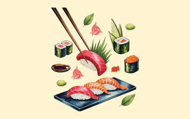 Sushi vector design, vector illustration, Sushi design, silhouette style.

