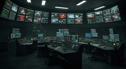 Interior view of a surveillance control room with multiple monitors displaying various feeds.
