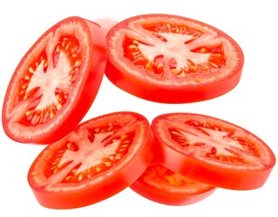 Four red tomato slices,  falling against a white background