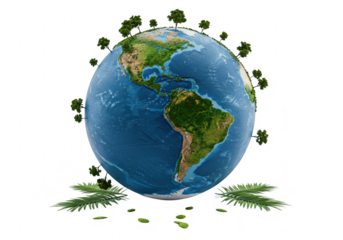 Planet earth with trees and leaves on a transparent background, symbolizing environmental protection and sustainability