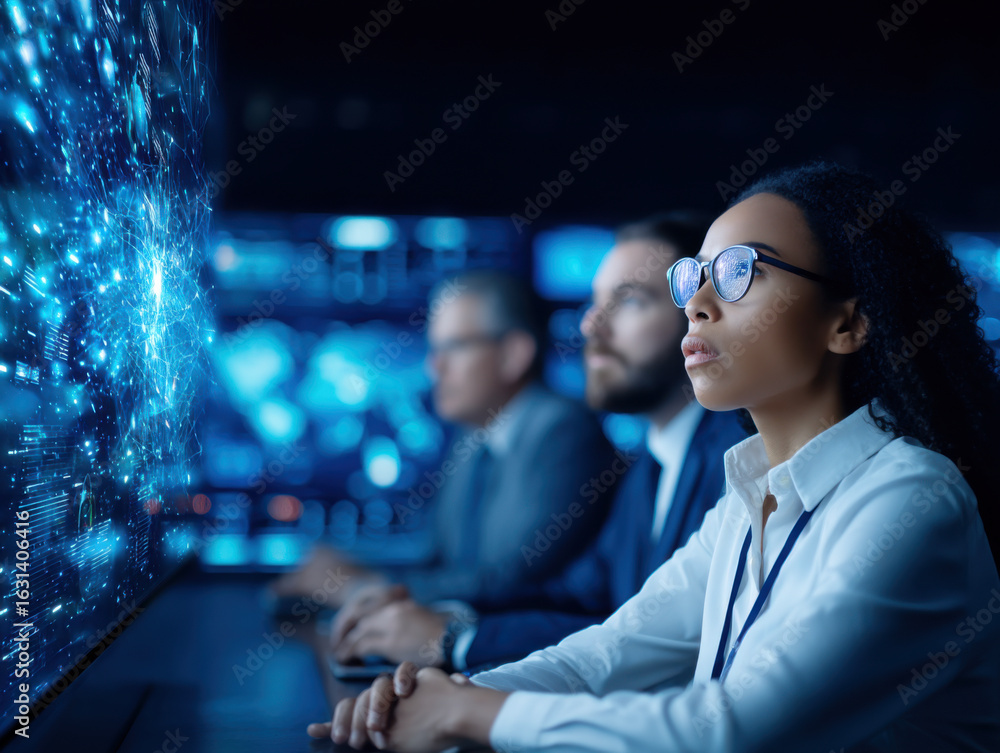 Aufkleber a focused group analyzes data on multiple screens, highlighting a mix of technology and teamwork in 