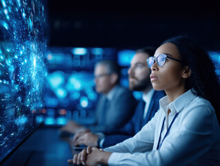 Obraz premium A focused group analyzes data on multiple screens, highlighting a mix of technology and teamwork in a modern workspace.