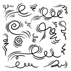 Wind scribble line sketch set. Air gusts, swirl elements. Abstract lines.
