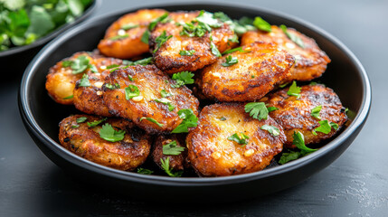Fototapeta premium Golden and crispy lentil fritters garnished with fresh herbs in bowl, perfect for sharing