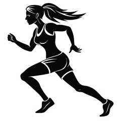 Obraz premium Black silhouette of a female runner in motion, depicting athleticism and speed, isolated on a white background.