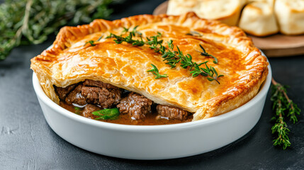 Delicious beef pie with flaky crust and rich gravy, garnished with fresh herbs
