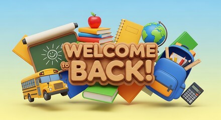 Welcome back to school with school bus backpack books and supplies in a cartoon style illustration