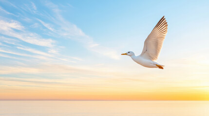 Fototapeta premium Bird soaring gracefully across vibrant twilight sky, showcasing its wings against serene