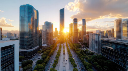 Fototapeta premium Metropolis skyline at sunset, showcasing modern architecture and vibrant city life