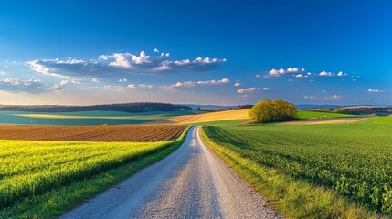 Fototapeta premium an immersive panoramic view of burgenlandâ€™s breathtaking countryside, where a long gravel road runs straight through fields of lush spring crops, disappearing at the vanishing point on the horizon