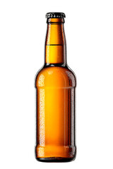 A cold, condensation-covered brown glass beer bottle with a crown cap is isolated on a white background. The refreshing image is perfect for showcasing a crisp lager or ale.