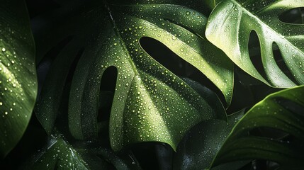 a high-resolution macro shot of monstera leaves, capturing the interplay of light and shadow on their glossy surfaces scattered dewdrops magnify the delicate textures, while the intricate natural