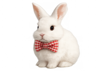 Cute white rabbit with a red gingham bow tie, isolated on a transparent background, perfect for easter or any design project
