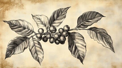 a scientifically accurate victorian botanical drawing of a coffee plant, presented in a fine ink illustration style each leaf is delicately shaded, showcasing natural curvature and organic texture,