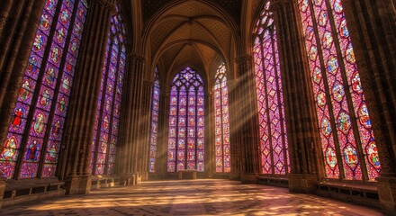 Obraz premium Stained glass windows illuminate interior of gothic cathedral