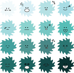 Colorful vector illustration of various facial expressions and emotions featuring diverse cartoon characters. Each face showcases a unique emotion, including happiness, sadness, anger, and more.