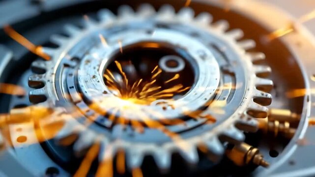 Mechanical Sparks: An arresting, high-angle shot captures the heart of engineering &ndash; a machine's intricate gears, punctuated by dynamic sparks that embody industry and invention.