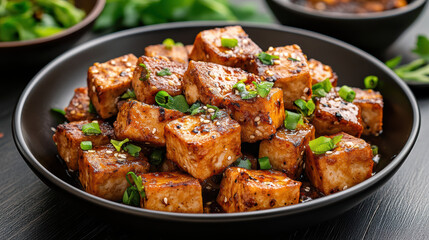 Fototapeta premium Braised tofu with soy sauce and chili garnished with green onions, served in black bowl