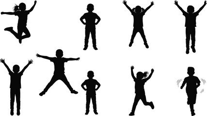 Children silhouettes, jumping pose, running figure, raised arms, hands on hips, playful gesture, black outline, white background, active kids, motion icon