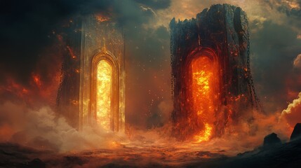 Obraz premium a pair of mythical gateways standing in a vast cosmic void, one constructed of shimmering crystal and adorned with floating halos, radiating pure celestial energy, while the other is forged from