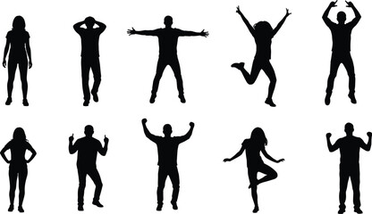 Dynamic human silhouette poses, dancing jumping standing gestures, expressive body movements set, black minimal figures artwork, animation reference collection