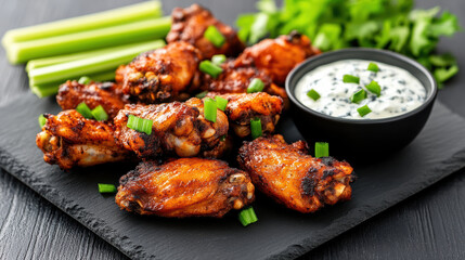 Fototapeta premium Spicy buffalo wings served with celery sticks and creamy blue cheese dip create delicious snack