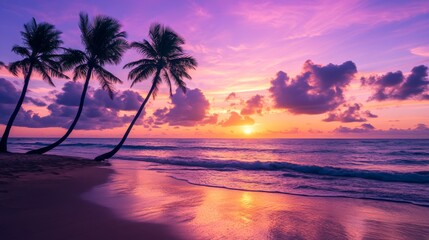a breathtaking paradise beach vista bathed in the hues of a cotton candy sky, tall palm silhouettes swaying gently against the glowing horizon, the golden sun sinking into the ocean, smooth wet sand
