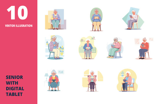 A multicultural graphic of a friendly senior group, including an elderly grandfather and grandmother, with happiness in retirement. This