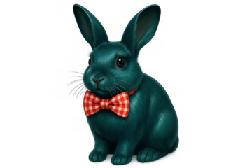 Blue rabbit character sporting red checkered bow tie, playful cartoon style graphic for holiday design, children's media, festive branding