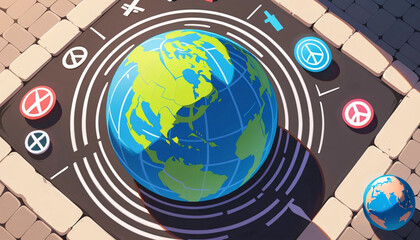 A stylized globe, surrounded by peace symbols, set on a patterned paving.